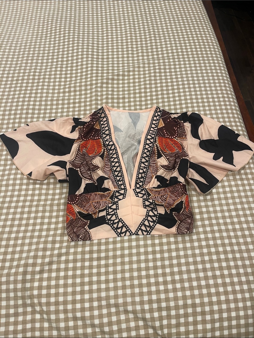 SHEIN Peach V-Neck Floral-Panel Crop Top with Black Accents